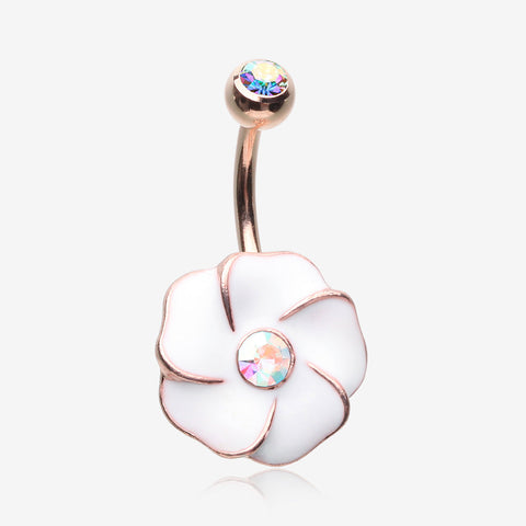 Rose Gold White Hibiscus Flower Sparkle Belly Button Ring-Aurora Borealis/White