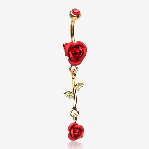 Golden Bright Metal Rose Belly Button Ring-Red