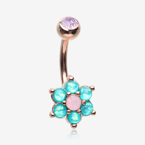 Rose Gold Opalescent Spring Flower Sparkle Belly Button Ring-Rose Water Opal/Teal