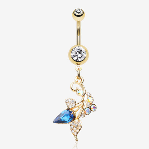 Golden Luscious Ivy Sparkle Belly Button Ring-Clear Gem/Aurora Borealis/Blue