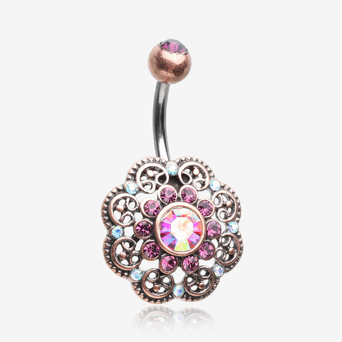 Vintage Rustica Filigree Floral Sparkle Belly Button Ring-Copper/Purple/Aurora Borealis