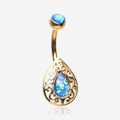 Golden Opalescent Victorian Filigree Belly Button Ring-Blue