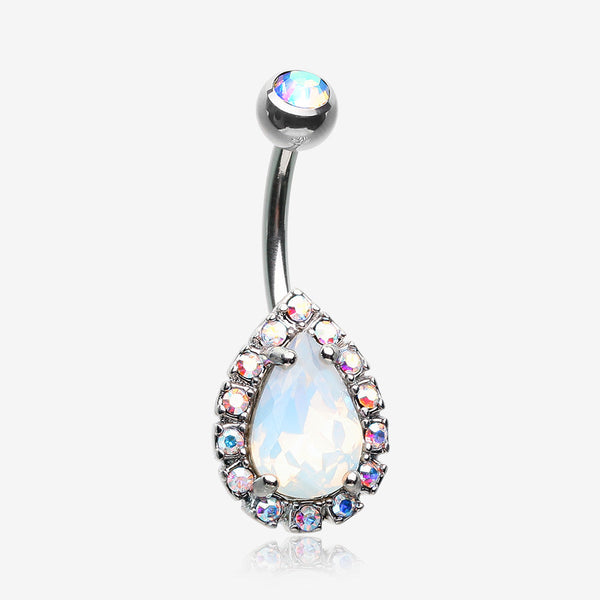 Opalite Multi-Gem Sparkle Teardrop Belly Button Ring-Aurora Borealis/White