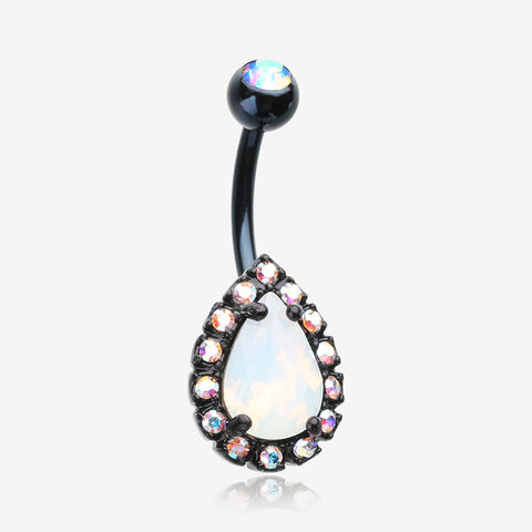 Blackline Opalite Multi-Gem Sparkle Teardrop Belly Button Ring-Black/Aurora Borealis/White