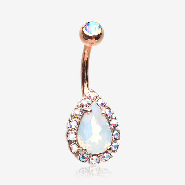 Rose Gold Opalite Sparkle Teardrop Belly Button Ring-Aurora Borealis/White