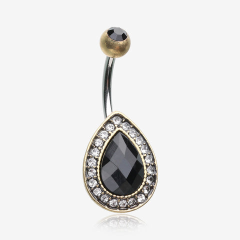 Vintage Rustica Onyx Sparkle Teardrop Belly Button Ring-Brass/Black/Clear