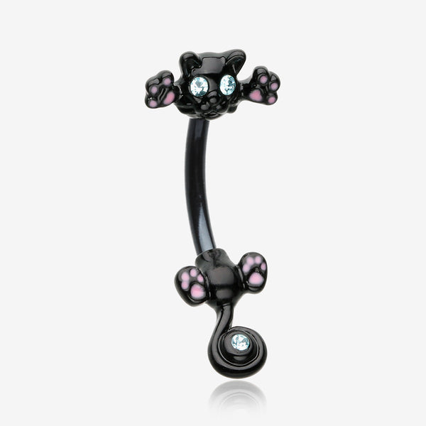 Blackline Jumping Kitty Cat Sparkle Belly Button Ring-Black/Aqua