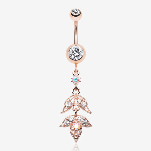 Rose Gold Divine Zen Floral Leaf Belly Button Ring-Clear Gem