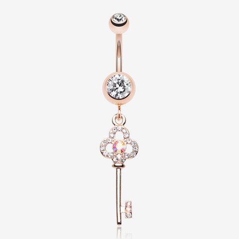 Rose Gold Victorian Skeleton Key Sparkle Belly Button Ring-Clear Gem