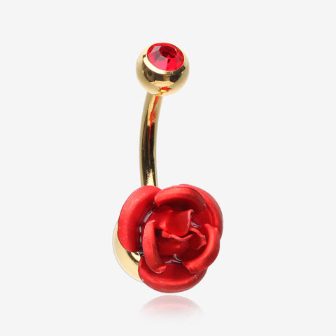 Golden Bright Metal Rose Blossom Belly Button Ring-Red