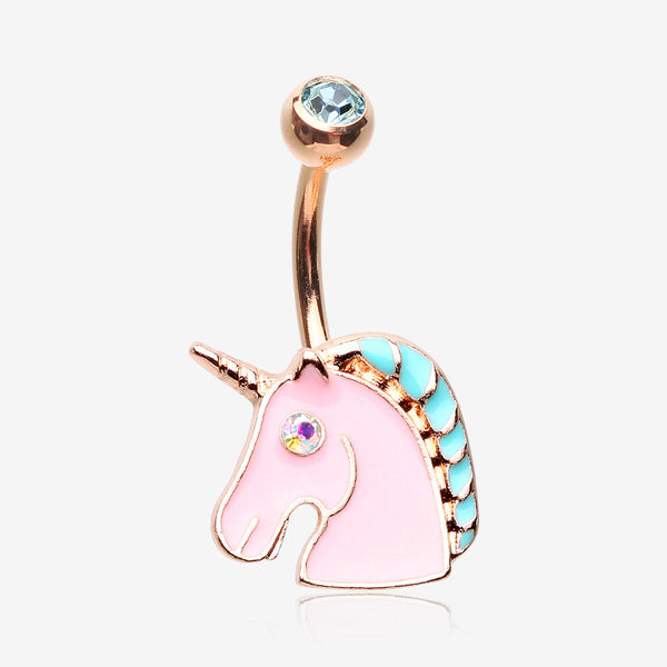 Rose Gold Stay Magical Unicorn Sparkle Belly Button Ring-Aqua