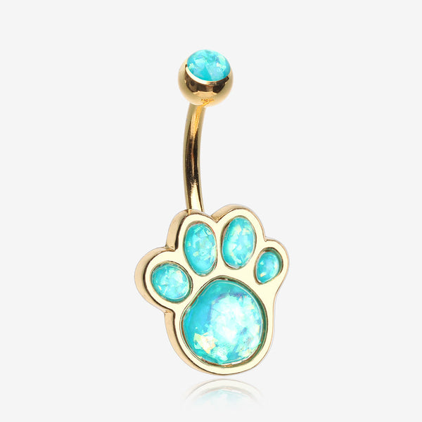 Golden Adorable Paw Print Opalescent Sparkle Belly Button Ring-Teal