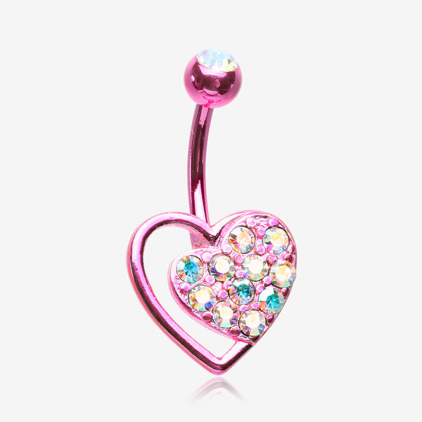 Colorline Sparkle Heart in Heart Belly Button Ring-Pink/Aurora Borealis