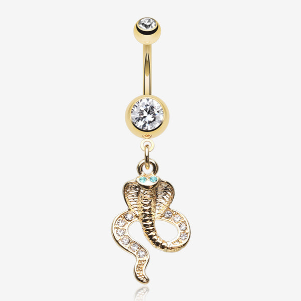 Golden Ancient Cobra Snake Sparkle Belly Button Ring-Clear Gem