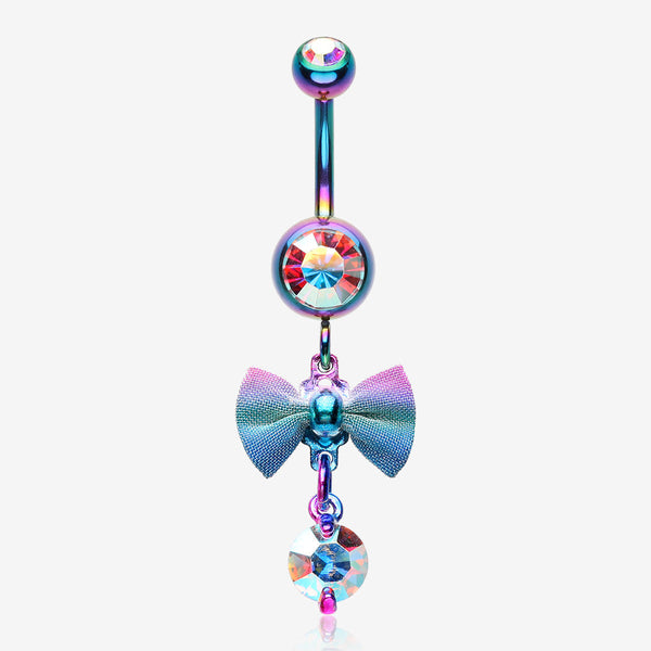 Rainbow Dainty Bow-Tie Belly Button Ring-Rainbow/Aurora Borealis