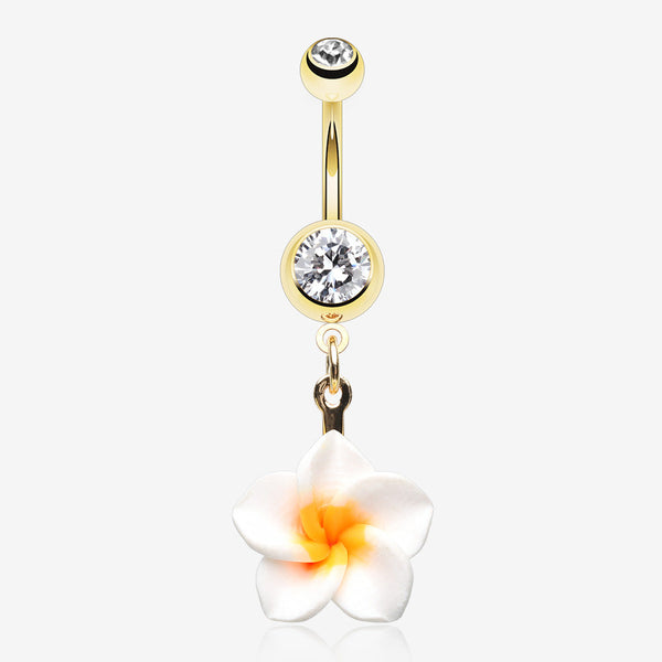 Golden Classic Plumeria Flower Belly Button Ring-Clear Gem