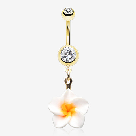 Golden Classic Plumeria Flower Belly Button Ring-Clear Gem