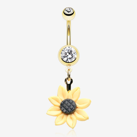 Golden Sunflower Blossom Belly Button Ring-Clear Gem