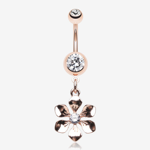 Rose Gold Spring Wild Flower Belly Button Ring-Clear Gem