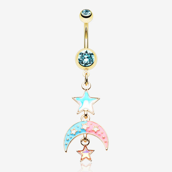 Golden Pastel Princess Stars and Moon Belly Button Ring-Aqua