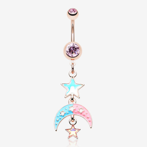 Rose Gold Pastel Princess Stars and Moon Belly Button Ring-Light Pink