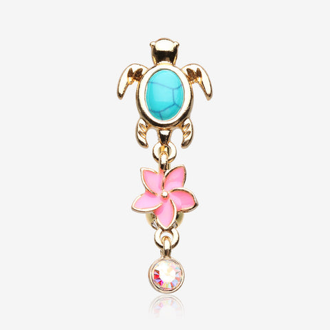 Golden Hawaiian Plumeria Turtle Sparkle Reverse Belly Button Ring-Clear Gem/Aurora Borealis/Turquoise