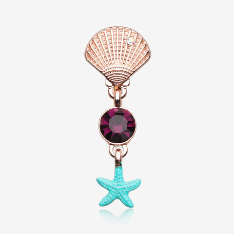 Rose Gold Ariel's Shell Starfish Sparkle Reverse Belly Button Ring-Aurora Borealis/Purple/Aurora Borealis