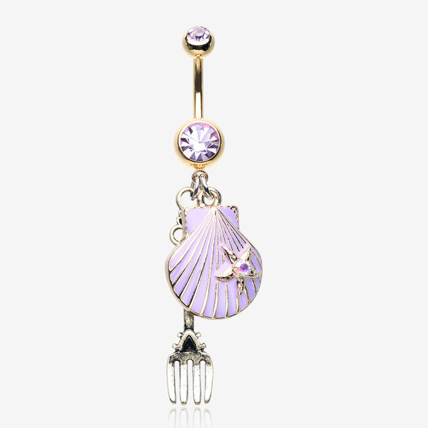 Golden Ariel's Shell with Dinglehopper Fork Belly Button Ring-Violet