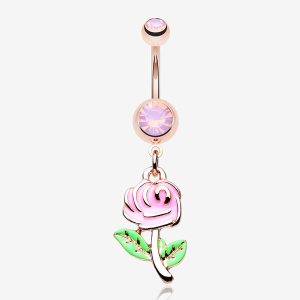 Rose Gold Vintage Pink Rose Flower Sparkle Belly Button Ring-Rose Quartz