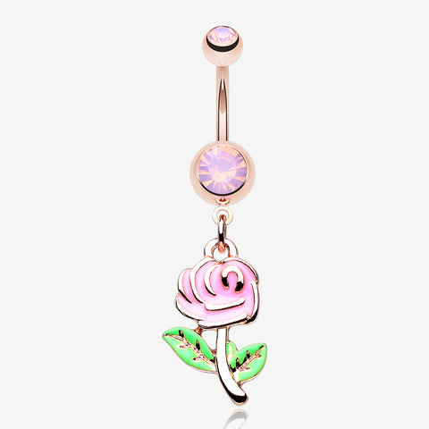 Rose Gold Vintage Pink Rose Flower Sparkle Belly Button Ring-Rose Quartz