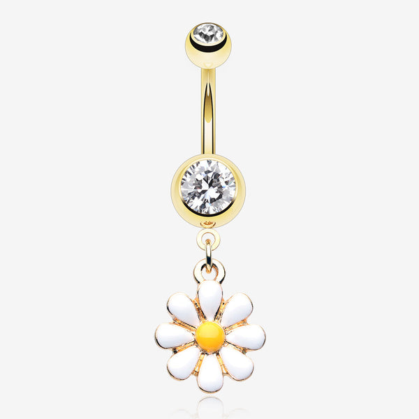 Golden Spring Daisy Sparkle Belly Button Ring-Clear Gem