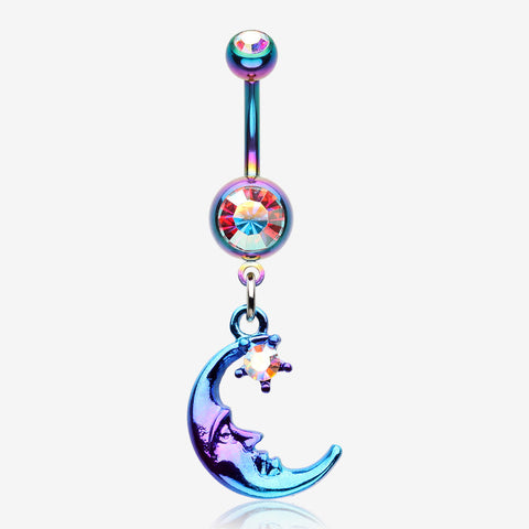 Colorline Blurple Sleeping Crescent Moon Star Sparkle Belly Button Ring-Rainbow/Aurora Borealis