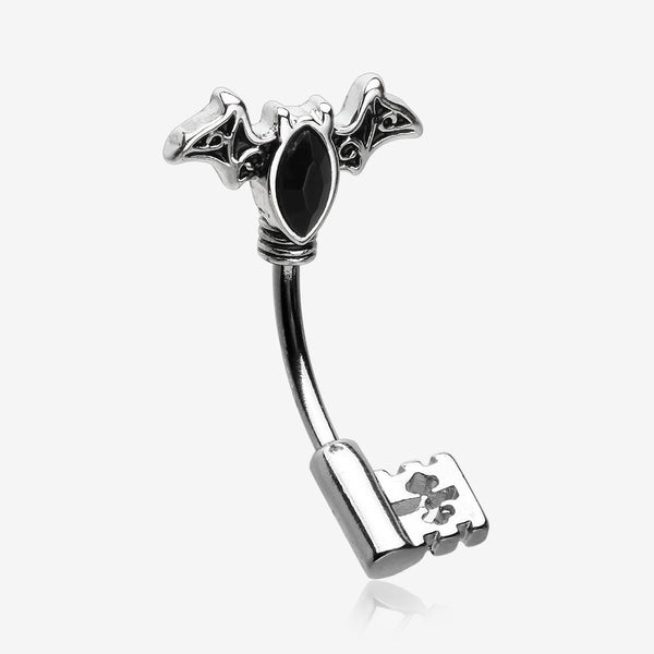 Victorian Goth Bat Sparkle Key Belly Button Ring-Black