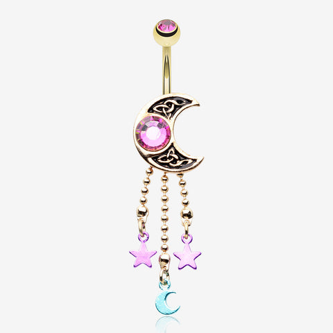 Golden Sparkle Celtic Crescent Moon Star Dangles Belly Button Ring-Fuchsia