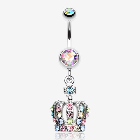 Dazzling Royal Crown Belly Ring-Aurora Borealis/Rainbow