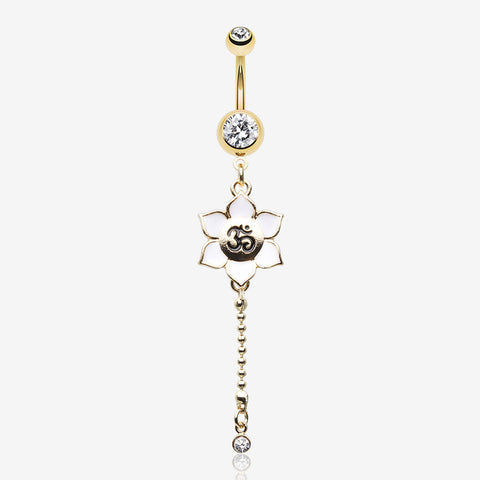 Golden Divine Lotus Om Dangle Belly Button Ring-Clear Gem