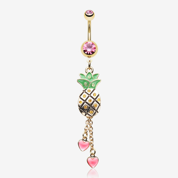 Golden Sparkle Pineapple Hearts Dangle Belly Button Ring-Pink