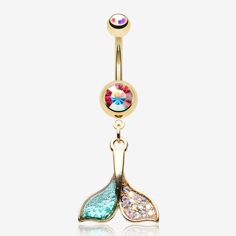 Golden Mystic Sparkle Dolphin Tail Belly Button Ring-Aurora Borealis