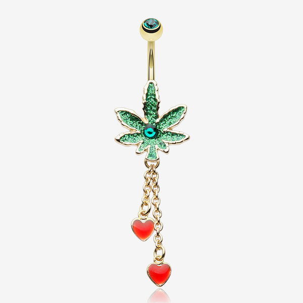 Golden Sparkle Cannabis Pot Leaf Hearts Belly Button Ring-Green