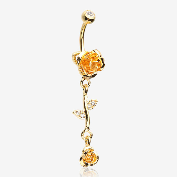 Golden Bright Metal Rose Belly Button Ring-Clear Gem