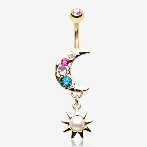 Golden Aurora Crescent Moon Sparkle Pearlescent Sun Belly Button Ring-Aurora Borealis