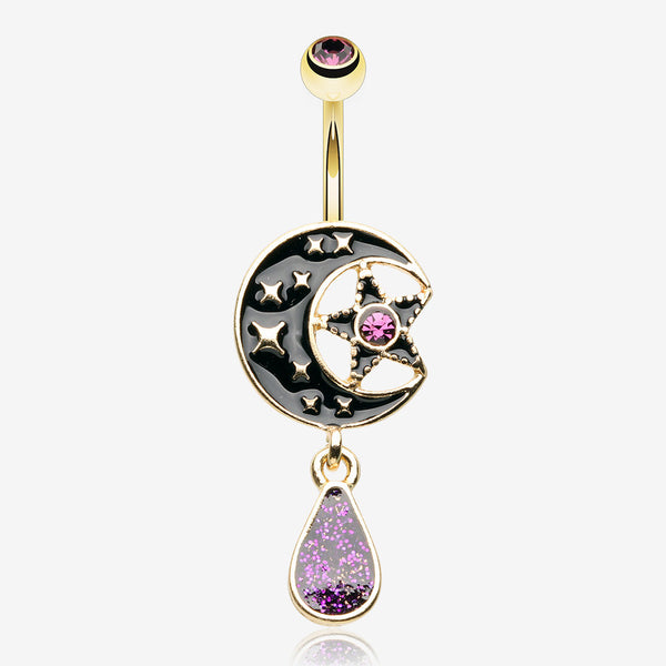 Golden Darkside Crescent Moon Star Sparkles Belly Button Ring-Purple