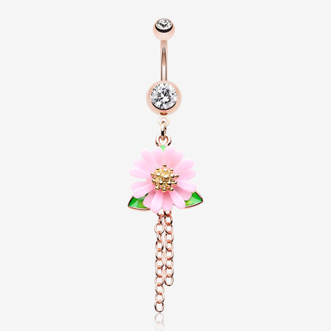 Golden Adorable Pink Daisy Sparkle Belly Button Ring-Clear Gem