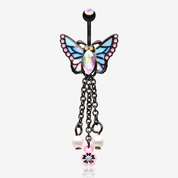 Blackline Monarch Butterfly Sparkle Dangle Flower Belly Button Ring-Black