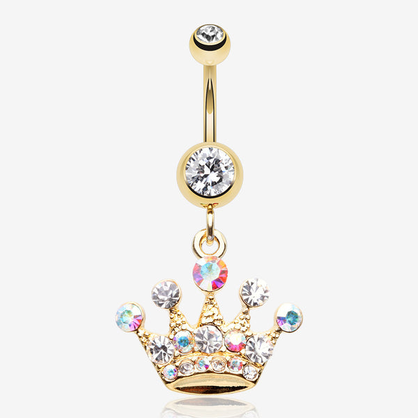 Golden Crown Jewel Multi-Gem Belly Button Ring-Clear Gem