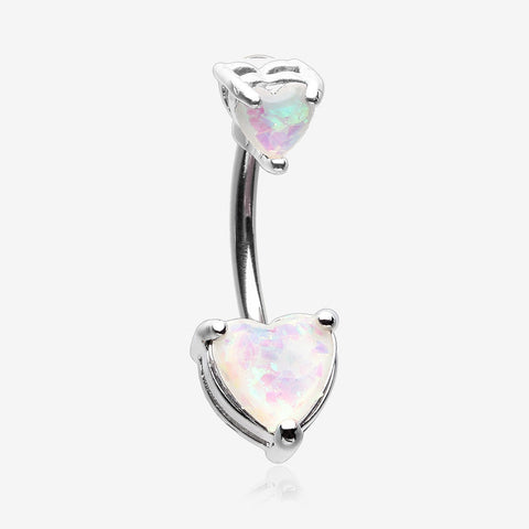 Opalescent Double Heart Prong Set Belly Button Ring-White