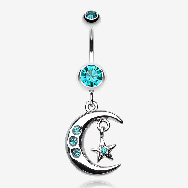 Glistening Moon and Star Belly Button Ring-Teal