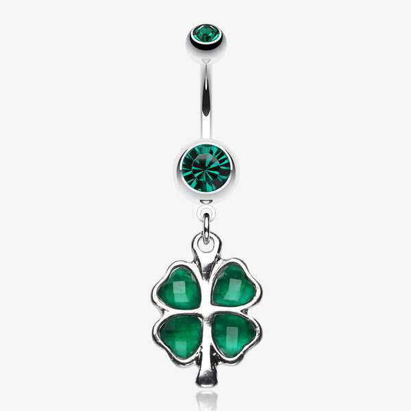 Lucky Four Leaf Clover Dangle Belly Ring-Dark Green