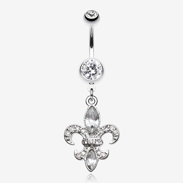 Classic Fleur de Lis Belly Ring-Clear Gem