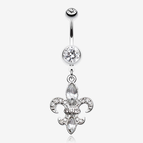 Classic Fleur de Lis Belly Ring-Clear Gem